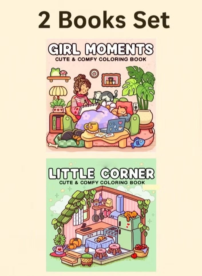 ColaBear Girl Moments + Little Corner 2-Book Set: Relaxing Coloring Books for Adults, Kids & Teens – Cute & Cozy Daily Activities & Cozy Spaces, Mindfulness & Stress-Relief Art Therapy, Family Bonding Activity - Image 1